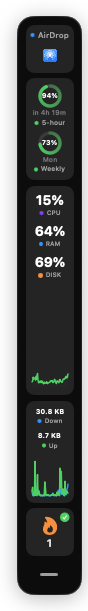 A vertical OneCast dock with AirDrop, usage, CPU, RAM and network widgets