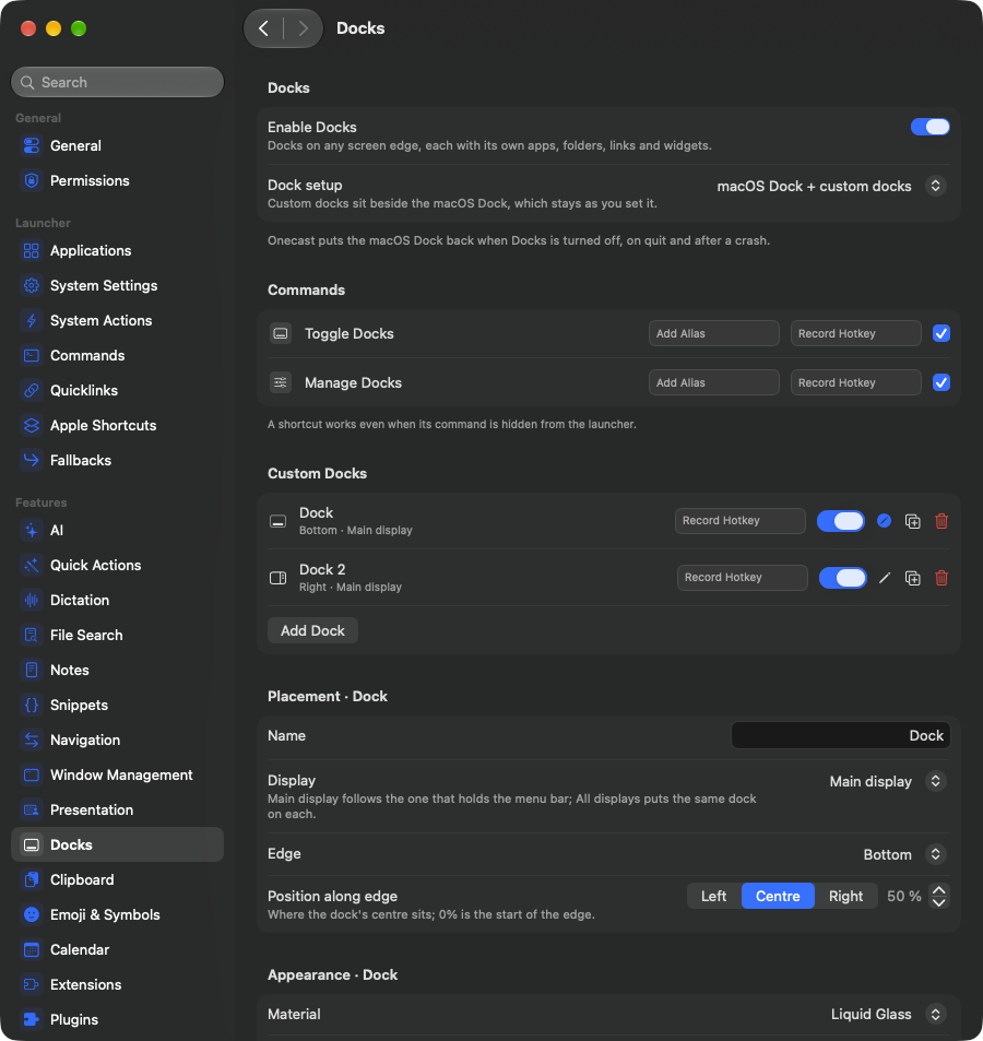 OneCast docks settings