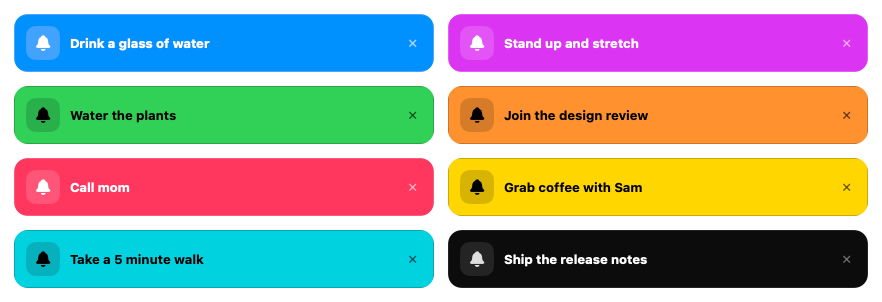 Notification cards in blue, purple, green, orange, pink, yellow, teal and neutral