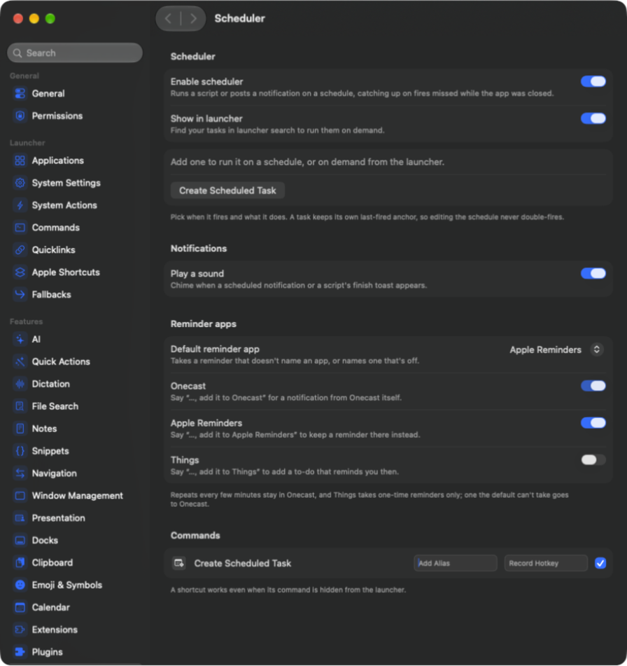 Scheduler settings with the default reminder app picker