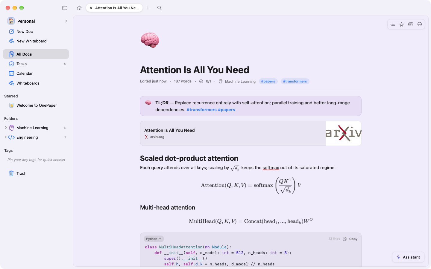 A paper-notes page with a callout, an arXiv card, display math and Python code