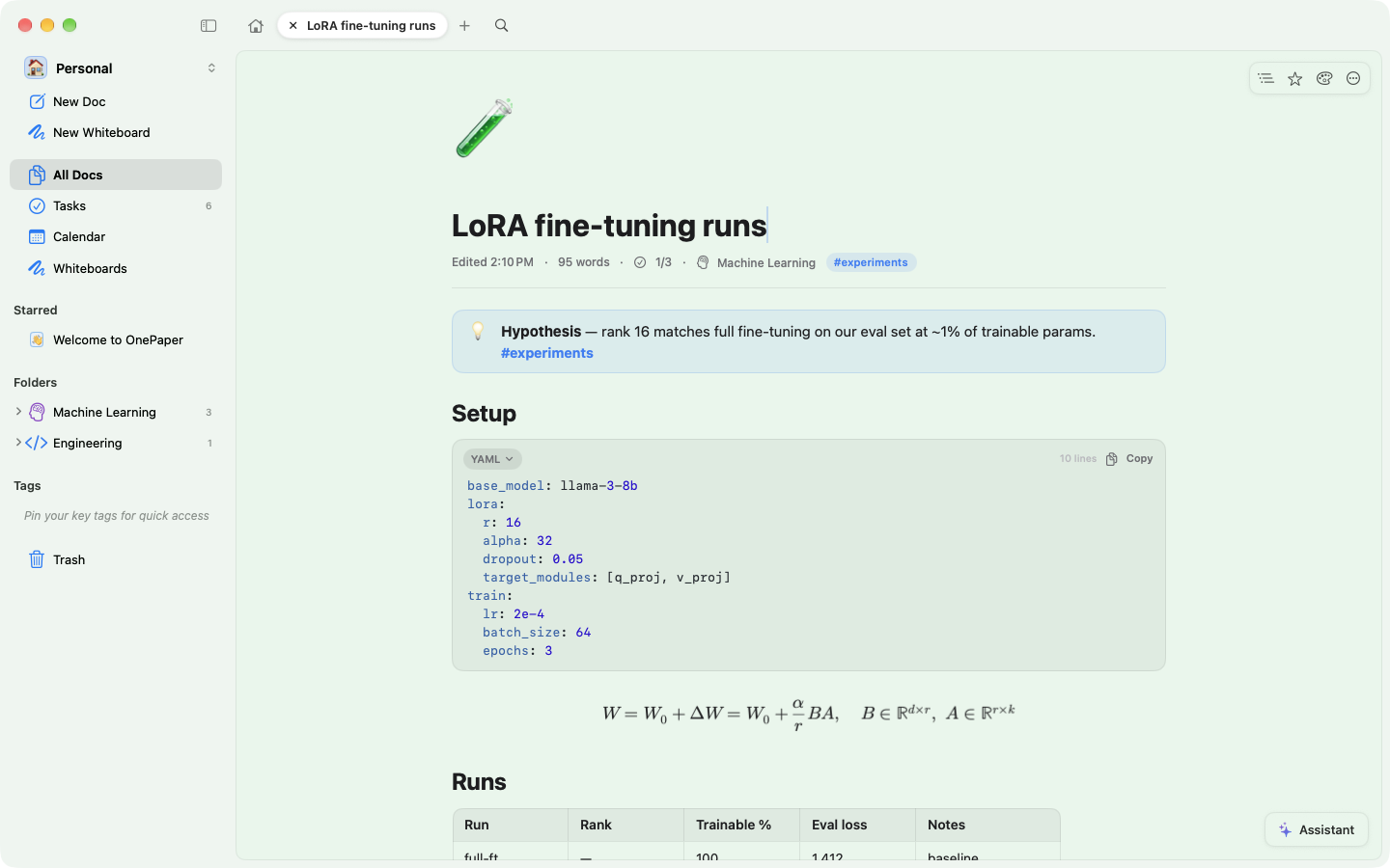 An experiment log with a YAML config, a LaTeX formula and a results table
