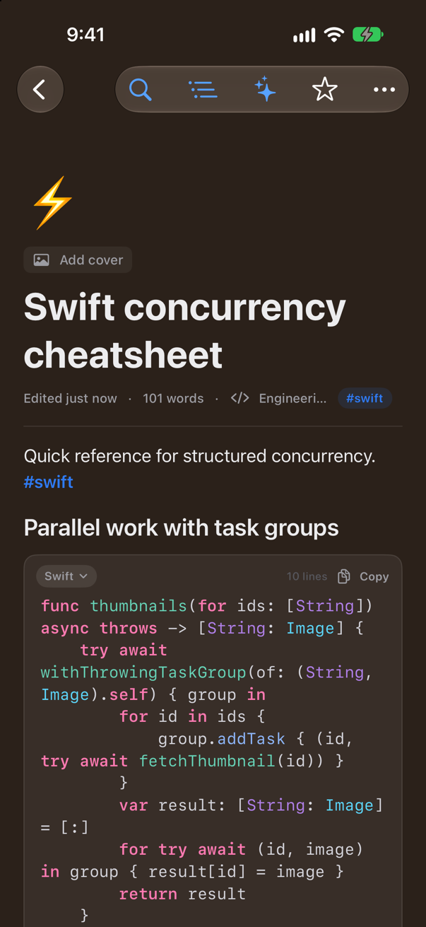 A code page on iPhone in dark mode