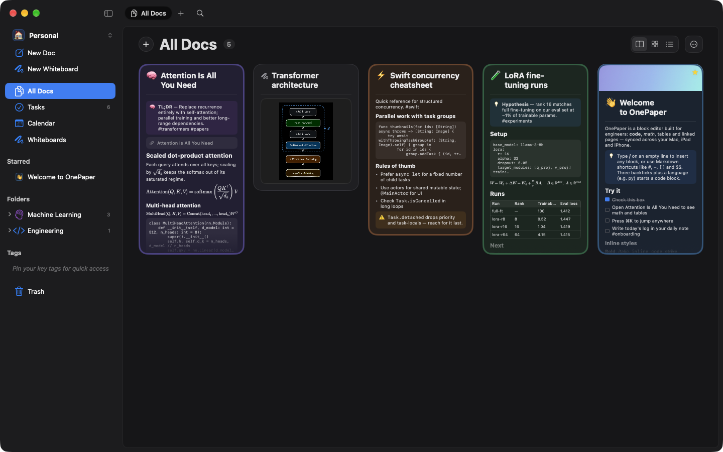 The OnePaper library in dark mode