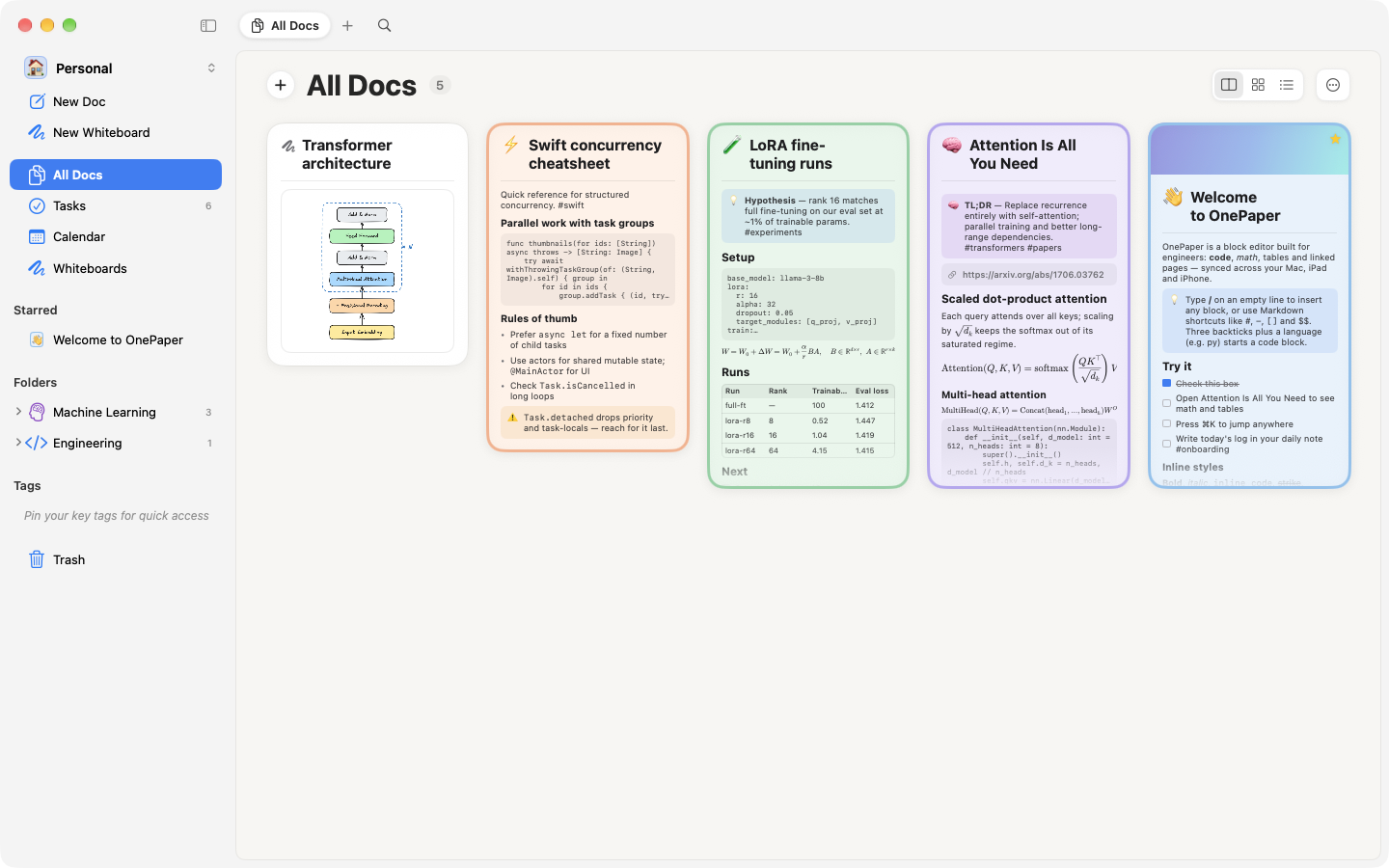 The OnePaper library: page previews as cards in their page colours